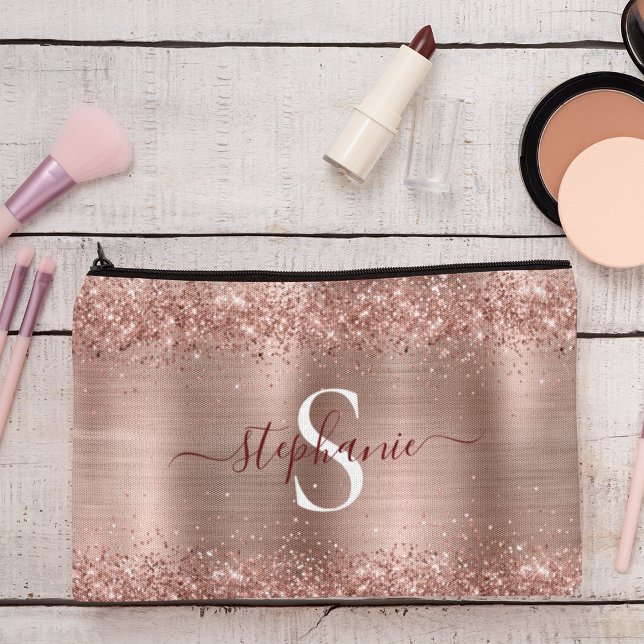 Bolsito Accesorio Grande Monograma Rosa Faux-Purpurina Girly Glam (Monogram Rose Gold Glitter Girly Glam Accessory Pouch)