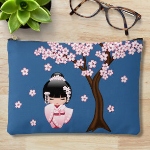 Bolsito Accesorio Grande Muñeca Kokeshi de Kimono Rosa sobre Azul