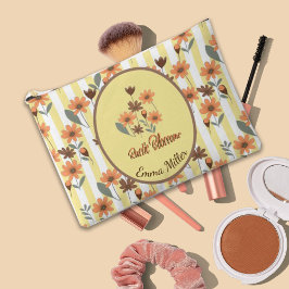 Bolsito Accesorio Grande Naranja Rústico Flores Amarillo Rayas Nombre perso