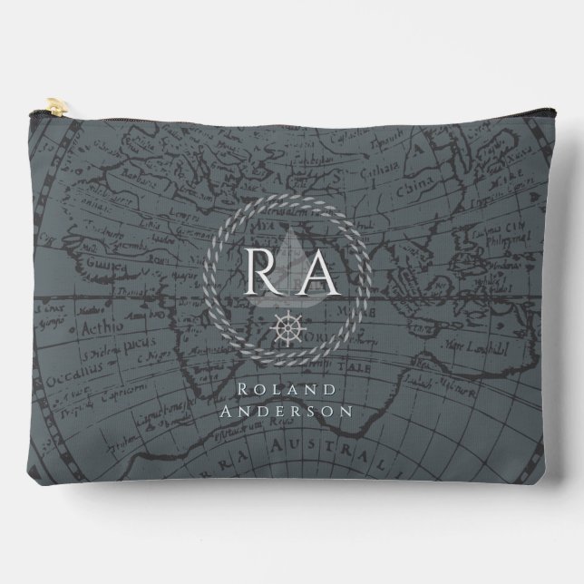 Bolsito Accesorio Grande Nautical Rope Monogram Map Grey (Anverso)