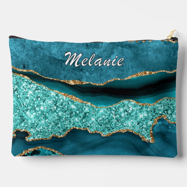 Bolsito Accesorio Grande Nombre personalizado de Aqua Turquoise, Purpurina  (Reverso )