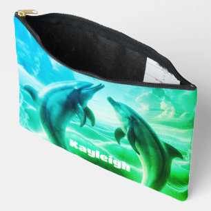 Bolsito Accesorio Grande Océano delfines verde azul monograma