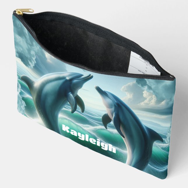 Bolsito Accesorio Grande Océano delfines Verde azulados azul monograma | (Abierto)