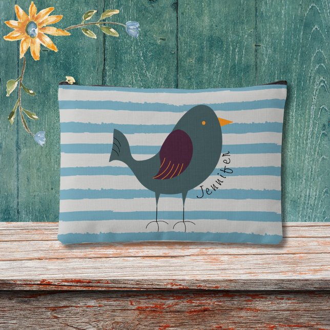 Bolsito Accesorio Grande Pájaro blanco con nombre personalizado en rayas az (Subido por el creador)