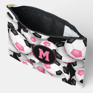 Bolsito Accesorio Grande patrón de bolas de fútbol monogramado rosa negro