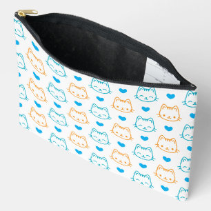 Bolsito Accesorio Grande Patrón de caras de gato kawaii turquesa y naranja