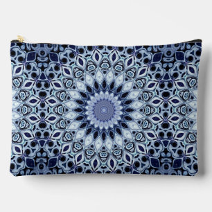 Bolsito Accesorio Grande Patrón de Mandala de Caleidoscopio Azul y Blanco