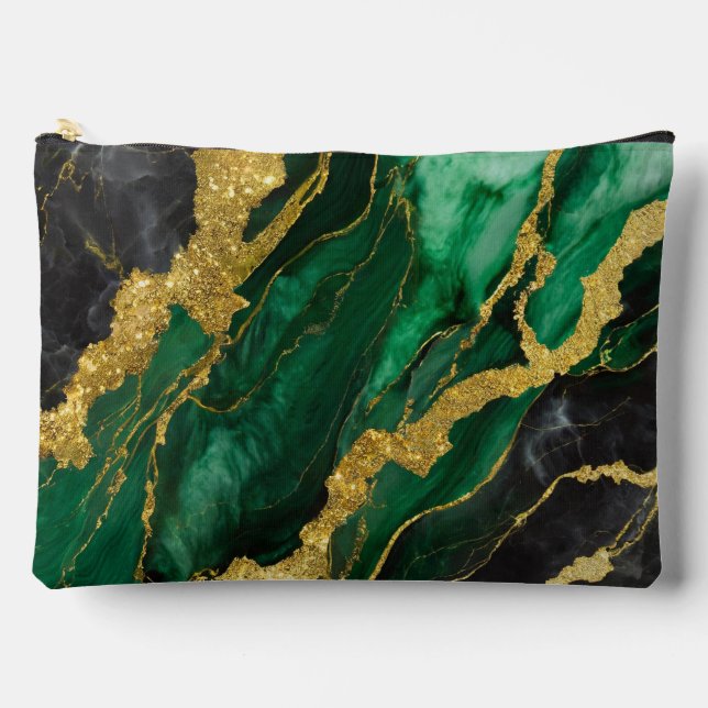 Bolsito Accesorio Grande Patrón de mármol verde con oro (Anverso)