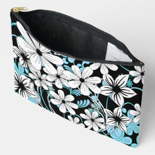 Bolsito Accesorio Grande Patrón floral azul retro negro y blanco