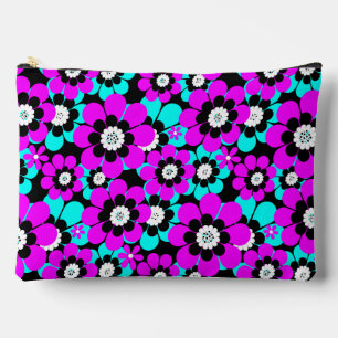Bolsito Accesorio Grande Patrón neón floral flores púrpura y turquesa