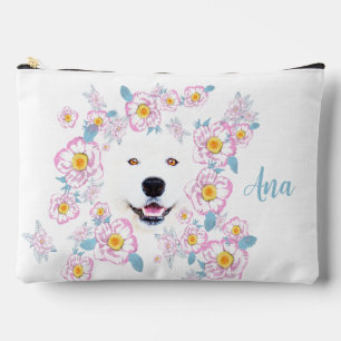 Bolsito Accesorio Grande Perro Samoyed y flores rosadas, nombre personaliza