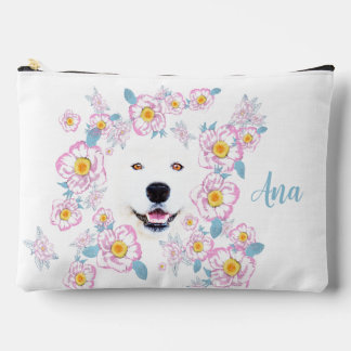 Bolsito Accesorio Grande Perro Samoyed y flores rosadas, nombre personaliza