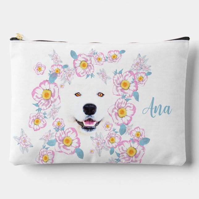 Bolsito Accesorio Grande Perro Samoyed y flores rosadas, nombre personaliza (Anverso)