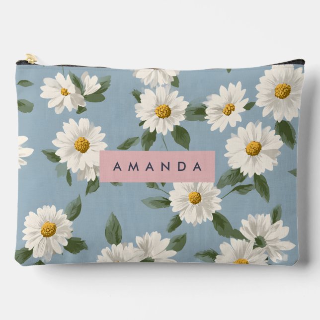 Bolsito Accesorio Grande Personalized Charming White Daisies on Dusty Blue (Anverso)