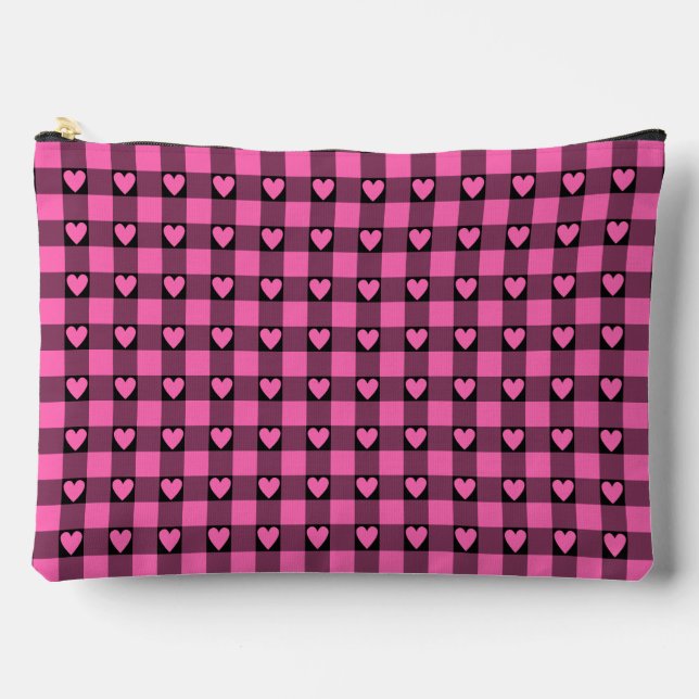 Bolsito Accesorio Grande Pink Black Buffalo Heart Plaid (Anverso)