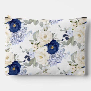 Bolsito Accesorio Grande PixDezines Rosas Acuarela Azul Marino Crema