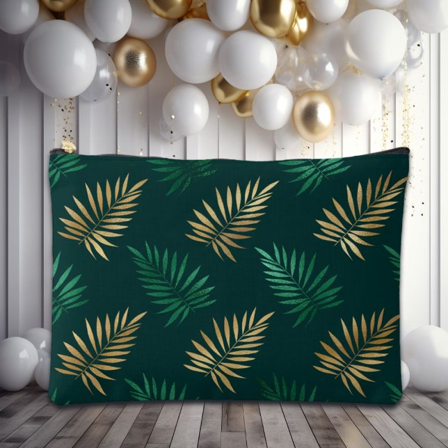 Bolsito Accesorio Grande Purpurina verde y dorado en hojas tropicales (Subido por el creador)