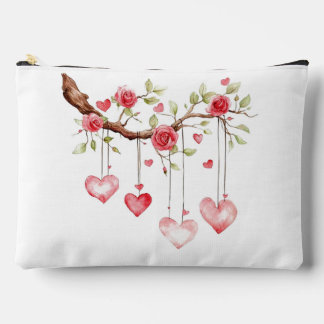 Bolsito Accesorio Grande Rama de rosas rosadas en acuarela con corazones co