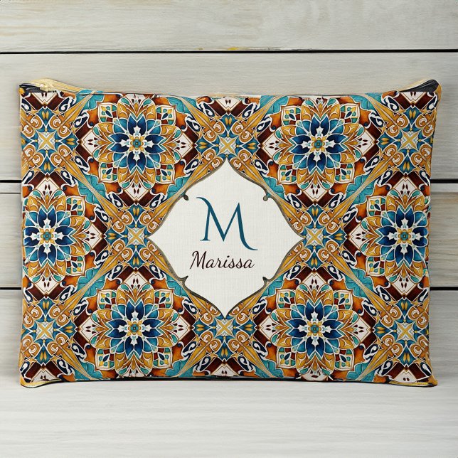 Bolsito Accesorio Grande Regalos de damas de honor Verde azulado talavera m (Bridesmaids gifts Teal brown talavera monogrammed Accessory Pouch personalized name pouch)