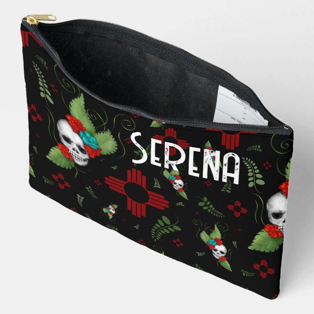 Bolsito Accesorio Grande Rosas de cráneo Zia Sun Greenery Nuevo México Negr (Abierto)