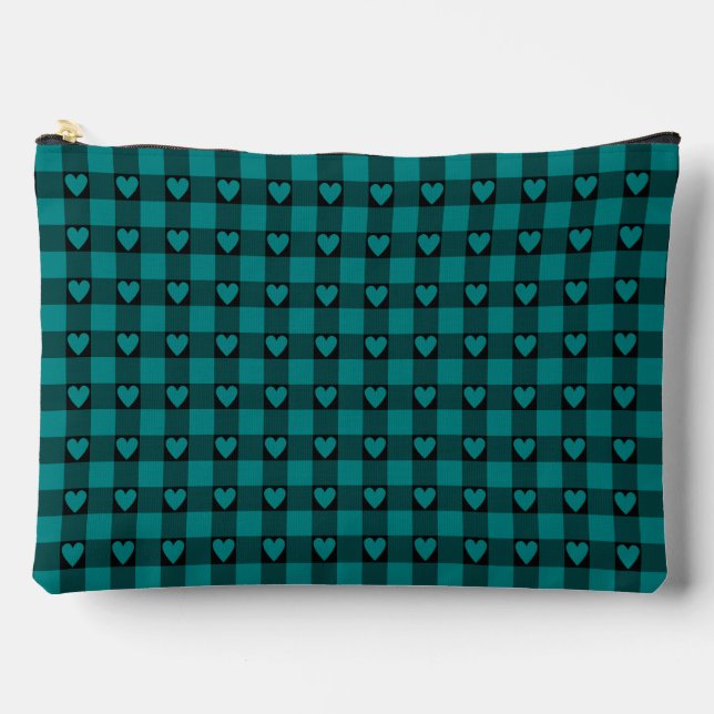 Bolsito Accesorio Grande Teal Black Buffalo Heart Plaid (Anverso)