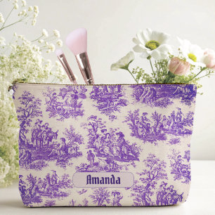 Bolsito Accesorio Grande Toile De Jouy Floral Violeta Antiguo Monograma