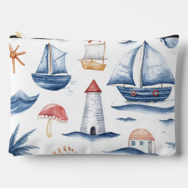 BOLSITO ACCESORIO GRANDE VELAS Y CONCHAS DE ACUARELA ROJO BLANCO AZUL