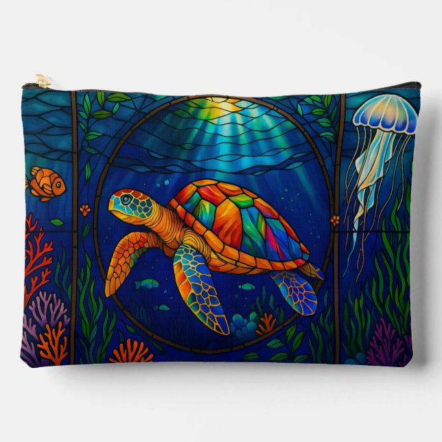 Bolsito Accesorio Grande Vibrant Stained Glass Sea Turtle Ocean Design (Anverso)