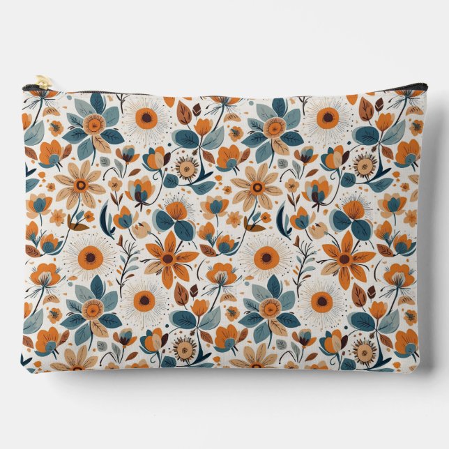 Bolsito Accesorio Grande Vintage Cottagecore Botanical Orange Blue Flowers (Anverso)