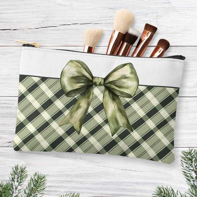 Bolsito Accesorio Pequeño Acuarela Olive Green Bow Plaid Moderno Rustic (Watercolor Olive Green Bow Plaid Modern Rustic Accessory Pouch Cosmetic Bag)
