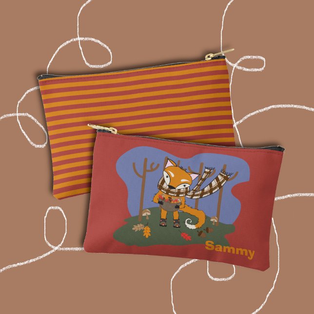 Bolsito Accesorio Pequeño Autumn Fox Kid Zipper Pouch with Name (Cute kid zipper pouch with a cartoon fox on the front and a stripe pattern on the back .)