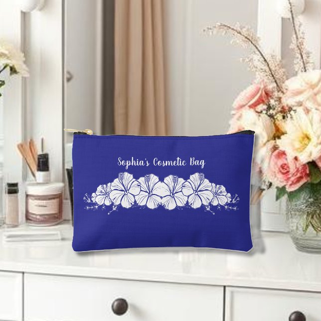 Bolsito Accesorio Pequeño Azul de flores tropicales hawaianas hibiscus (Hawaiian, Tropical Flowers, Blue Cosmetic Bag, Islander)