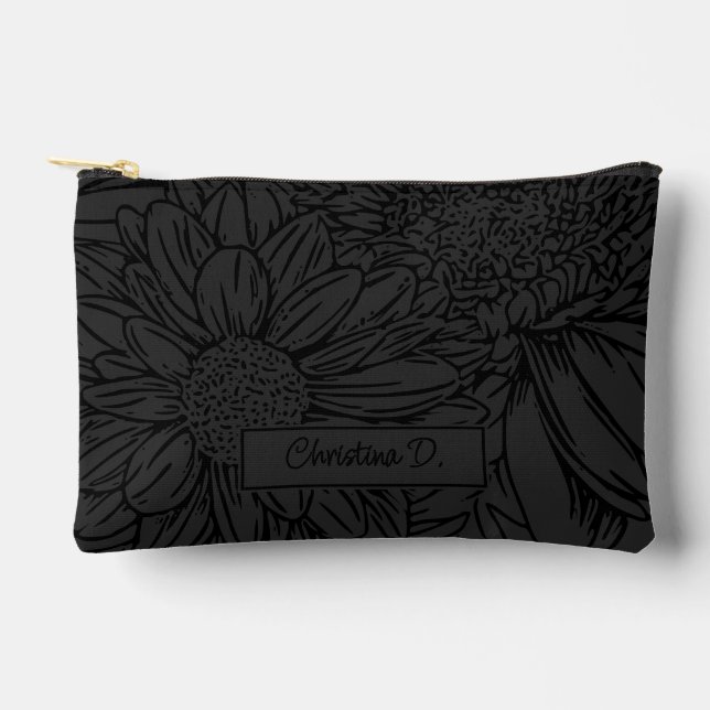 Bolsito Accesorio Pequeño Black on Grey Chrysanthemums with Name (Anverso)