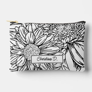 Bolsito Accesorio Pequeño Black on White Chrysanthemums with Name
