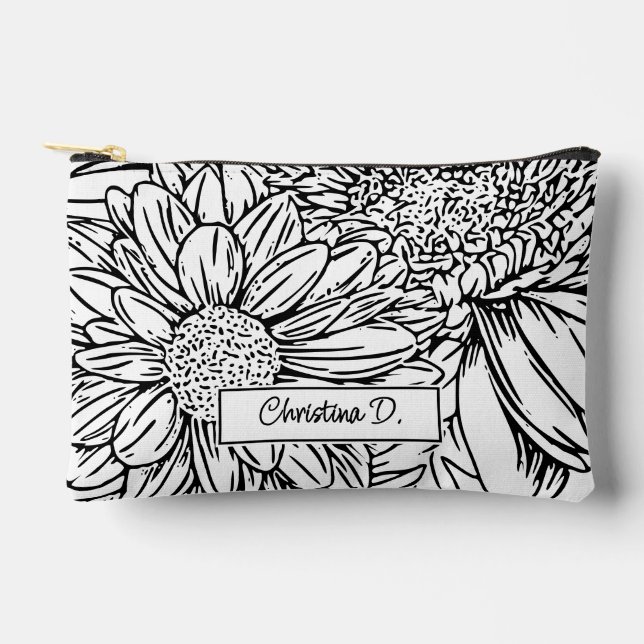 Bolsito Accesorio Pequeño Black on White Chrysanthemums with Name (Anverso)