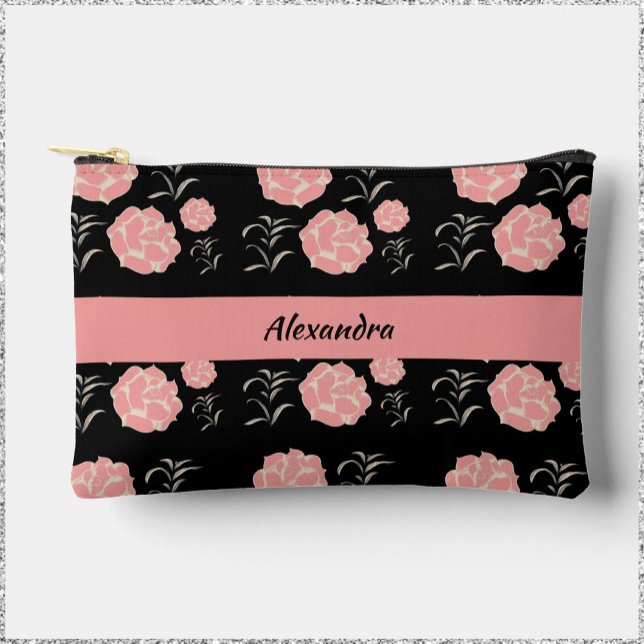 Bolsito Accesorio Pequeño Bonito grandes rosas rosadas con follaje en negro (Subido por el creador)