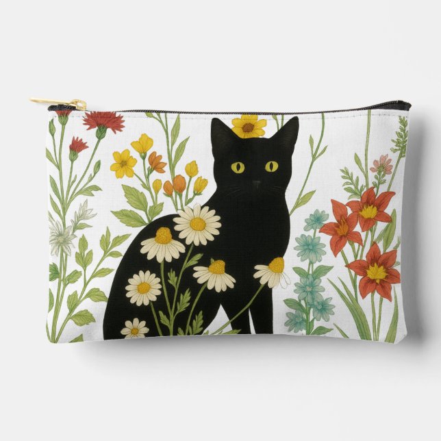 Bolsito Accesorio Pequeño Botanical Nature – Black Cat in Wildflower Garden (Anverso)