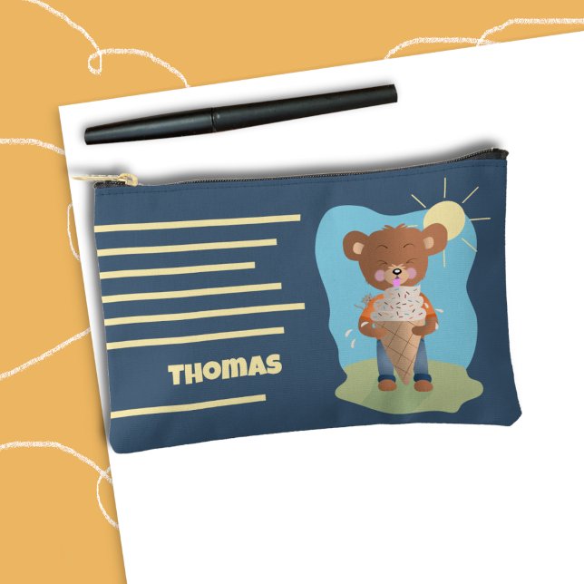Bolsito Accesorio Pequeño Brown Bear and Ice Cream Cone Kid Pencil Pouch (Cute brown bear kid blue pencil pouch with name . )