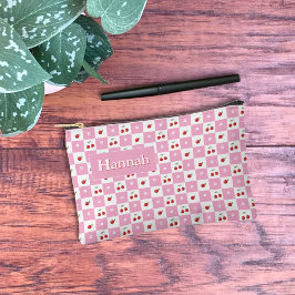 Bolsito Accesorio Pequeño Cherry Pink And White Gingham Pattern Zipper Pouch