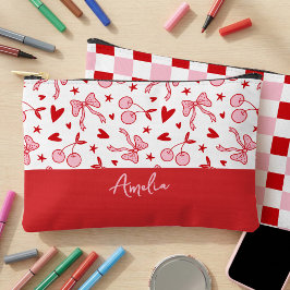 Bolsito Accesorio Pequeño Coquette Cherry & Lazos Cuadro Rosado y Rojo