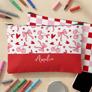 Bolsito Accesorio Pequeño Coquette Cherry & Lazos Cuadro Rosado y Rojo