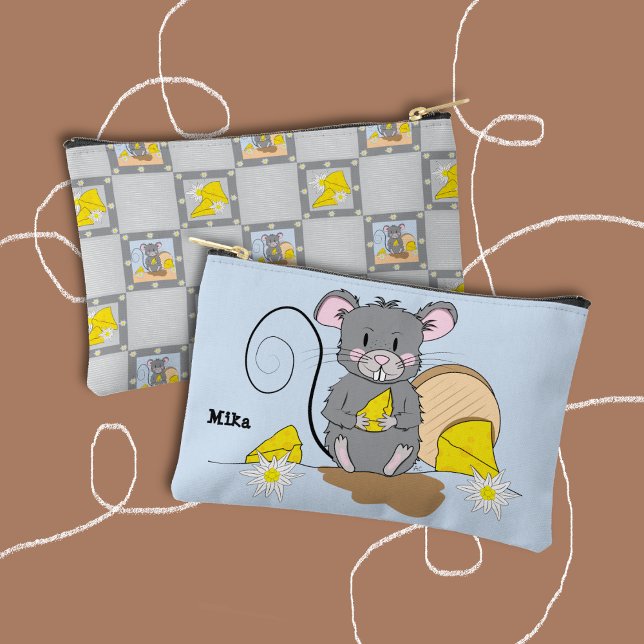 Bolsito Accesorio Pequeño Cute Blue and Gray Zipper Pouch with Cartoon Mouse (Cute blue and gray zipper pouch featuring a cartoon mouse eating cheese . (Front and back views) . 
)