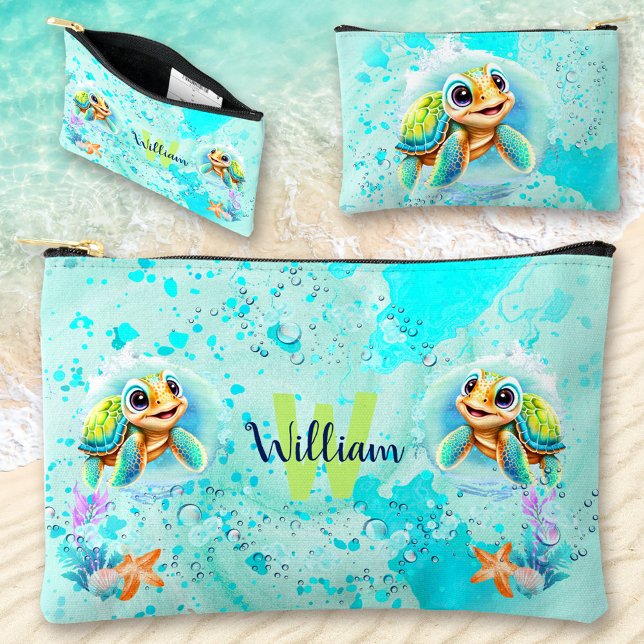 Bolsito Accesorio Pequeño Cuto Happy Turtle Boy Ocean Blue Turquoise Name (Cute Happy Turtle Boy Ocean Blue Turquoise Name Accessory Pouch)