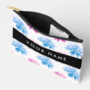 Bolsito Accesorio Pequeño Dahlia rosa y azul, patrón floral, nombre