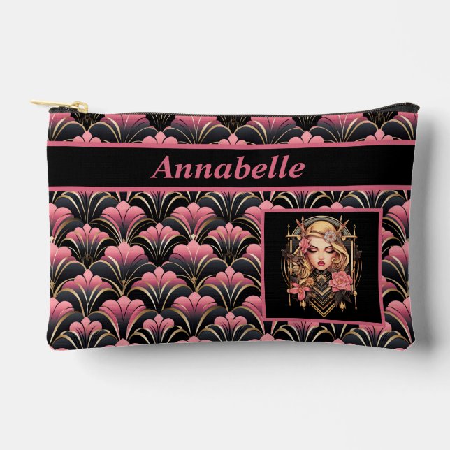 Bolsito Accesorio Pequeño Deco Lady Black y Pink con flores (Anverso)