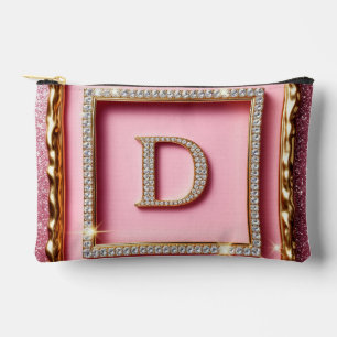 Bolsito Accesorio Pequeño Diamante Inicial D con Marco de Oro y Brillo Rosa 