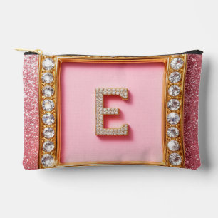Bolsito Accesorio Pequeño Diamante Inicial E Marco de Oro Glitter Rosa Monog