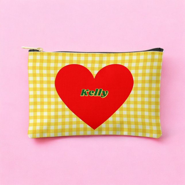 Bolsito Accesorio Pequeño El día de San Valentín del patrón de Gingham amari (Red Heart Yellow Gingham Pattern Valentine's Day Accessory Pouch)