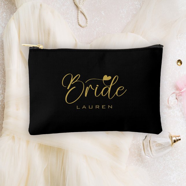 Bolsito Accesorio Pequeño Elegante Bride Black & Gold Script Name Gift (Subido por el creador)