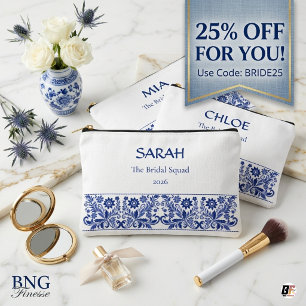 Bolsito Accesorio Pequeño Equipo de Novia Floral Chinoiserie Azul Personaliz